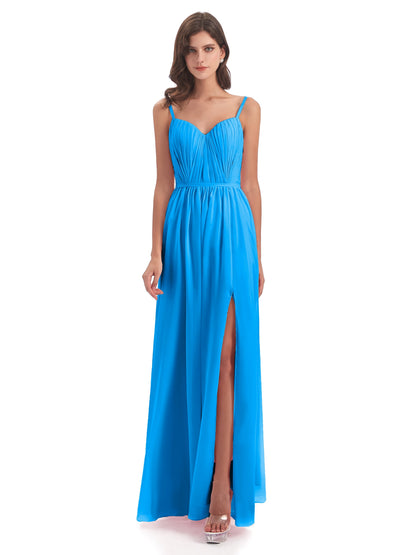 Kiana Spaghetti Straps Open Back Split Chiffon Long Bridesmaid Dresses