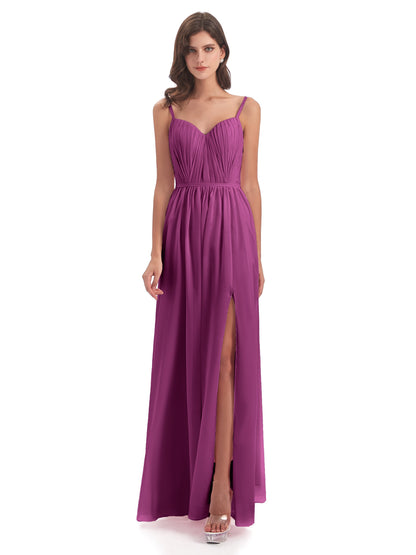 Kiana Spaghetti Straps Open Back Split Chiffon Long Bridesmaid Dresses