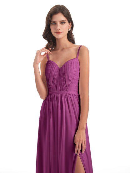 Kiana Spaghetti Straps Open Back Split Chiffon Long Bridesmaid Dresses