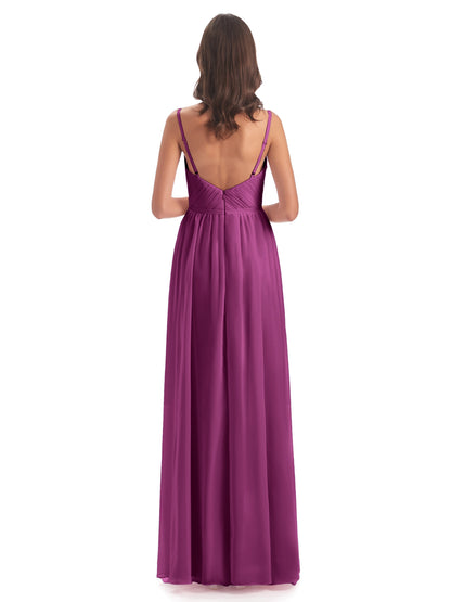Kiana Spaghetti Straps Open Back Split Chiffon Long Bridesmaid Dresses