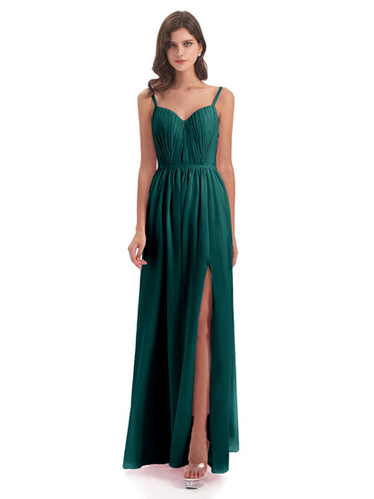 Kiana Spaghetti Straps Open Back Split Chiffon Long Bridesmaid Dresses
