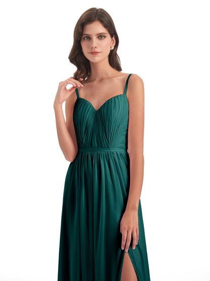 Kiana Spaghetti Straps Open Back Split Chiffon Long Bridesmaid Dresses