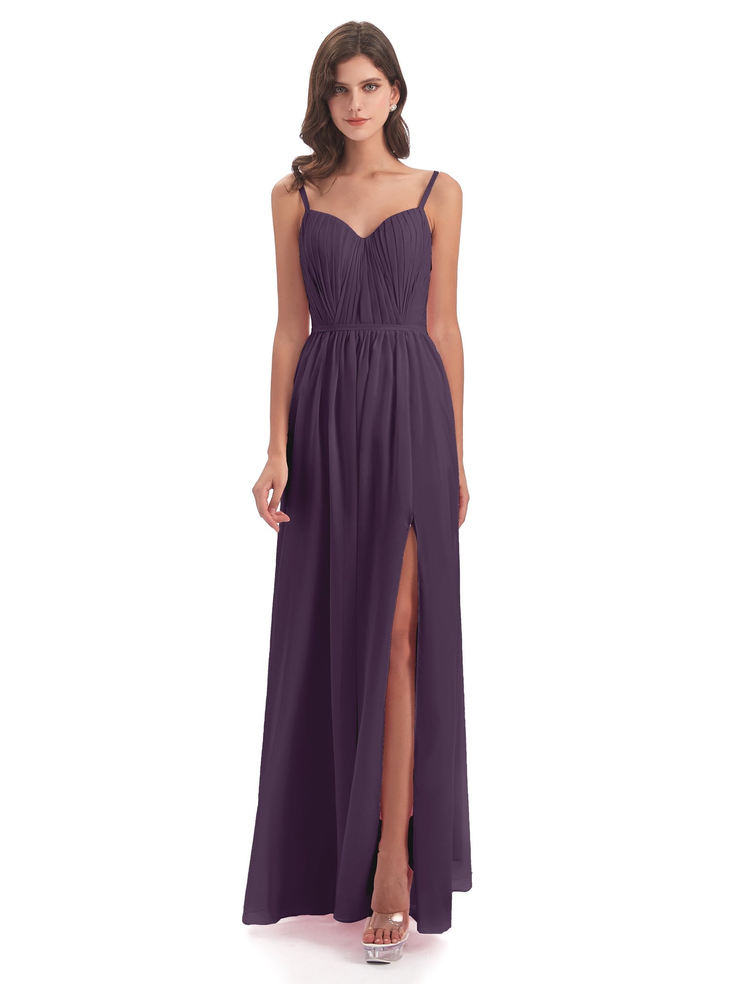Kiana Spaghetti Straps Open Back Split Chiffon Long Bridesmaid Dresses