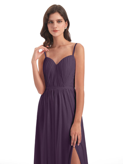 Kiana Spaghetti Straps Open Back Split Chiffon Long Bridesmaid Dresses