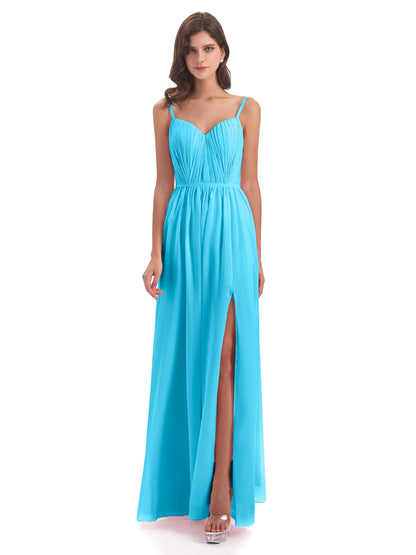 Kiana Spaghetti Straps Open Back Split Chiffon Long Bridesmaid Dresses