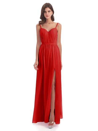 Kiana Spaghetti Straps Open Back Split Chiffon Long Bridesmaid Dresses