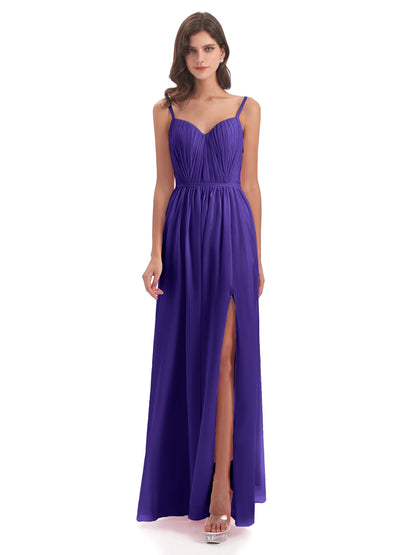 Kiana Spaghetti Straps Open Back Split Chiffon Long Bridesmaid Dresses