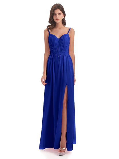 Kiana Spaghetti Straps Open Back Split Chiffon Long Bridesmaid Dresses