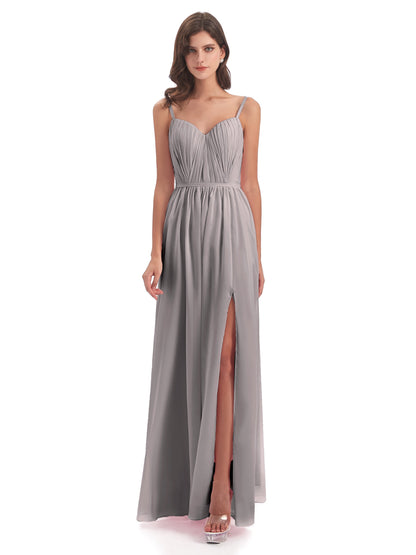 Kiana Spaghetti Straps Open Back Split Chiffon Long Bridesmaid Dresses