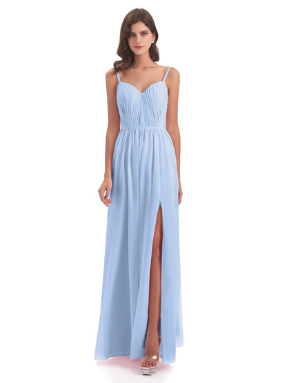 Kiana Spaghetti Straps Open Back Split Chiffon Long Bridesmaid Dresses
