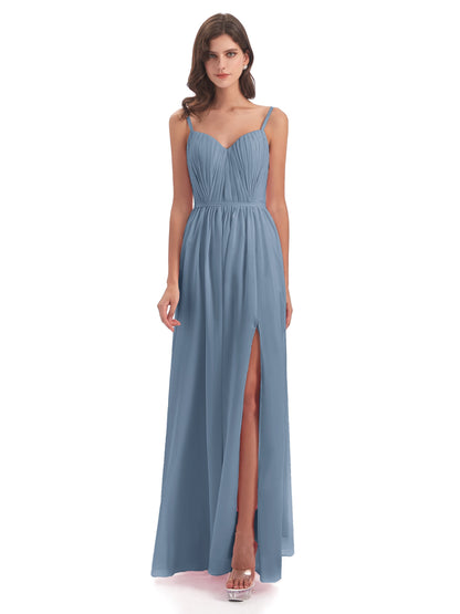 Kiana Spaghetti Straps Open Back Split Chiffon Long Bridesmaid Dresses