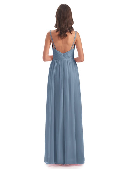Kiana Spaghetti Straps Open Back Split Chiffon Long Bridesmaid Dresses