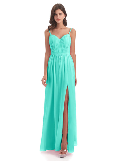 Kiana Spaghetti Straps Open Back Split Chiffon Long Bridesmaid Dresses