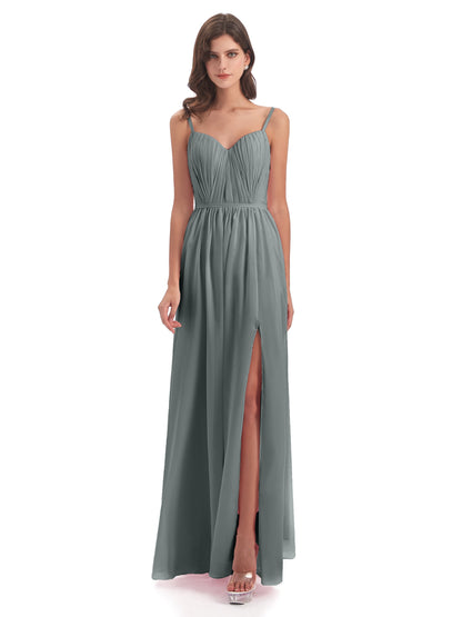 Kiana Spaghetti Straps Open Back Split Chiffon Long Bridesmaid Dresses