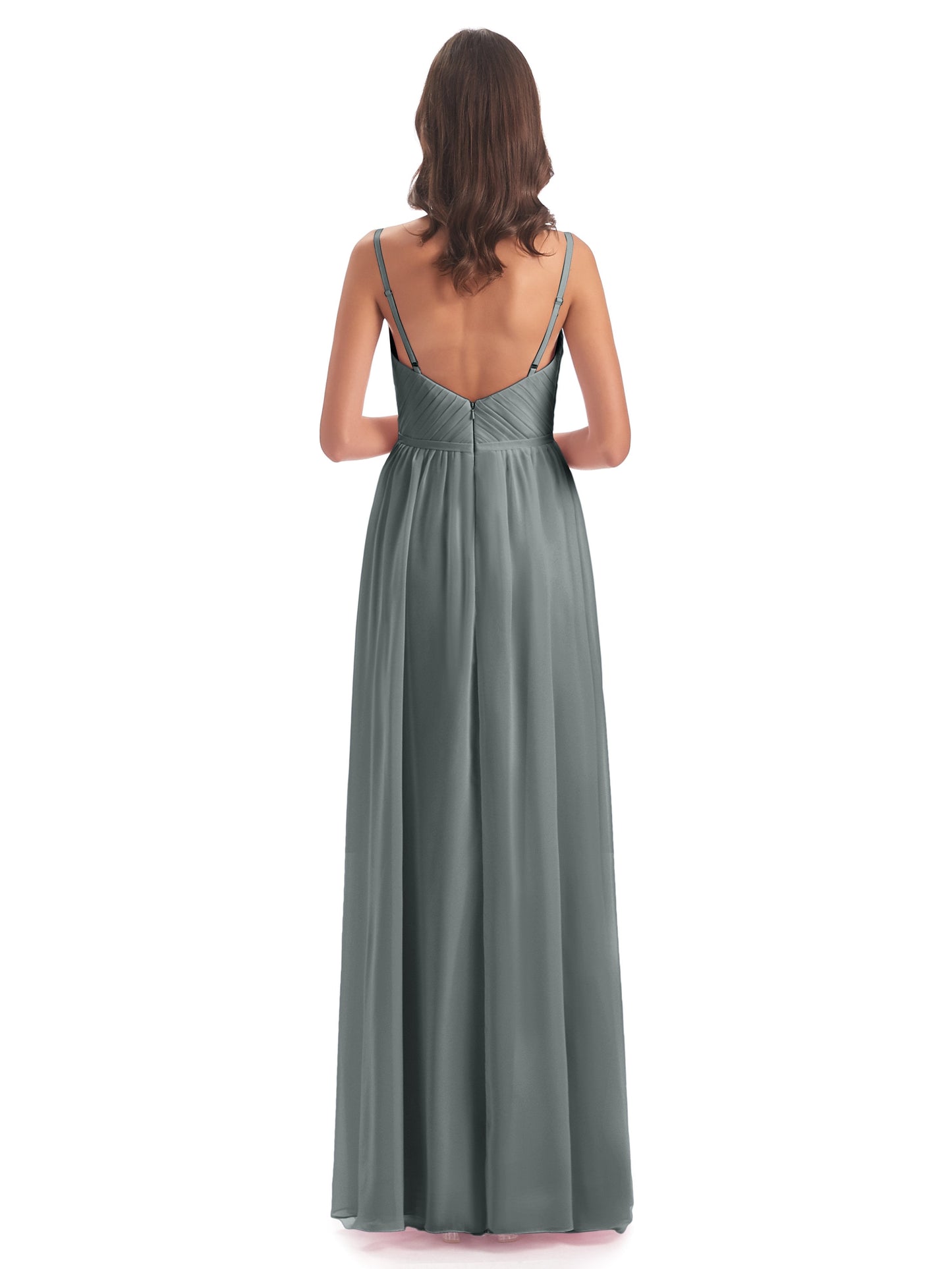 Kiana Spaghetti Straps Open Back Split Chiffon Long Bridesmaid Dresses
