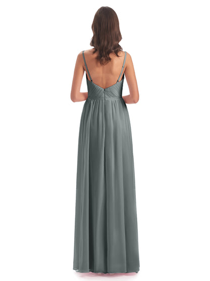 Kiana Spaghetti Straps Open Back Split Chiffon Long Bridesmaid Dresses