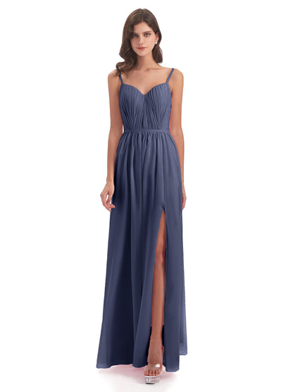 Kiana Spaghetti Straps Open Back Split Chiffon Long Bridesmaid Dresses