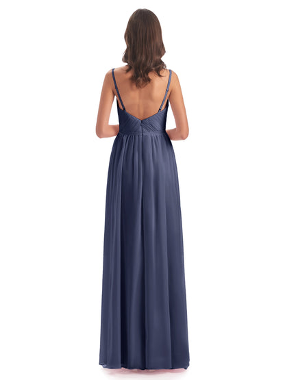 Kiana Spaghetti Straps Open Back Split Chiffon Long Bridesmaid Dresses