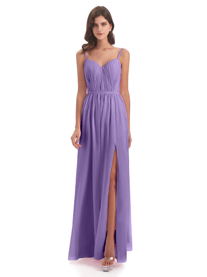 Kiana Spaghetti Straps Open Back Split Chiffon Long Bridesmaid Dresses
