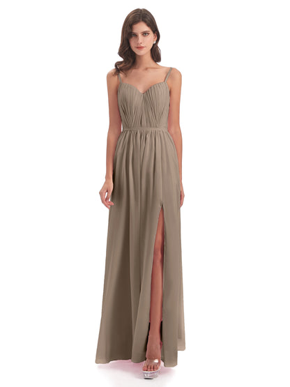 Kiana Spaghetti Straps Open Back Split Chiffon Long Bridesmaid Dresses
