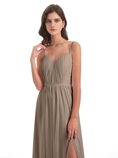 Kiana Spaghetti Straps Open Back Split Chiffon Long Bridesmaid Dresses