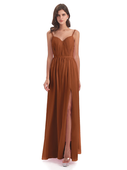 Kiana Spaghetti Straps Open Back Split Chiffon Long Bridesmaid Dresses