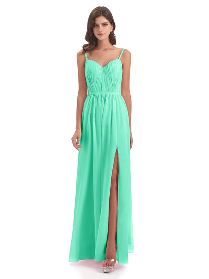 Kiana Spaghetti Straps Open Back Split Chiffon Long Bridesmaid Dresses