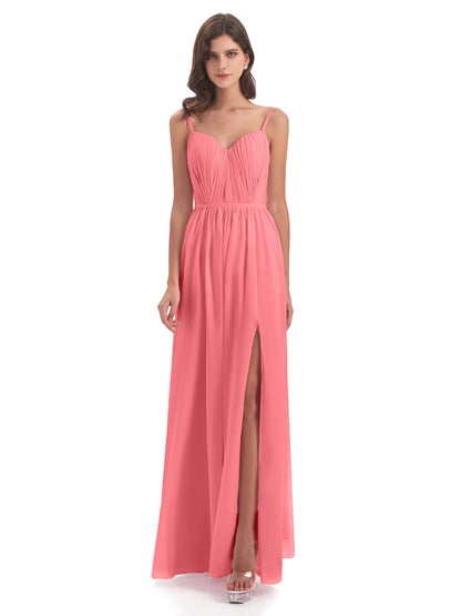 Kiana Spaghetti Straps Open Back Split Chiffon Long Bridesmaid Dresses