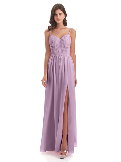 Kiana Spaghetti Straps Open Back Split Chiffon Long Bridesmaid Dresses