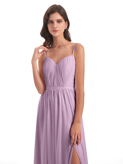 Kiana Spaghetti Straps Open Back Split Chiffon Long Bridesmaid Dresses
