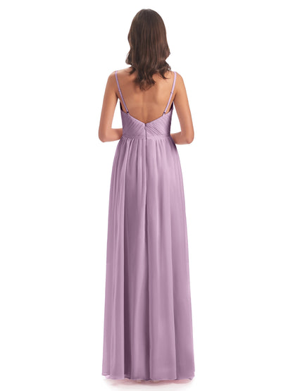 Kiana Spaghetti Straps Open Back Split Chiffon Long Bridesmaid Dresses