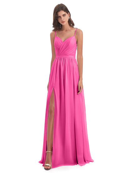 Kimora Spaghetti Straps Chiffon Long Bridesmaid Dresses with Slit
