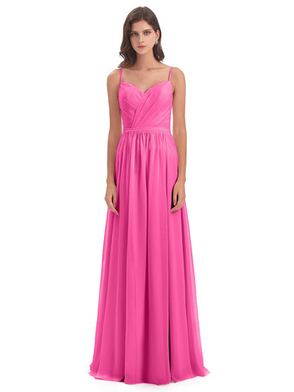 Kimora Spaghetti Straps Chiffon Long Bridesmaid Dresses with Slit
