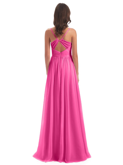 Kimora Spaghetti Straps Chiffon Long Bridesmaid Dresses with Slit