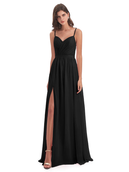 Kimora Spaghetti Straps Chiffon Long Bridesmaid Dresses with Slit