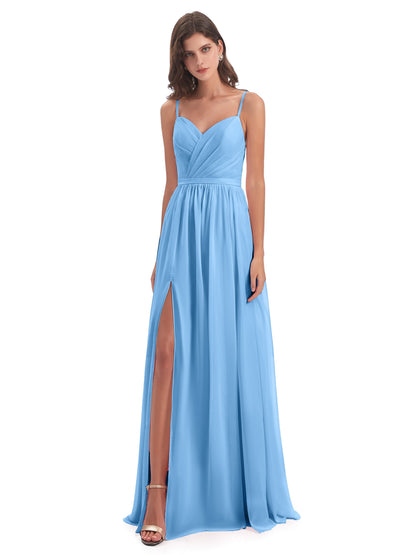 Kimora Spaghetti Straps Chiffon Long Bridesmaid Dresses with Slit