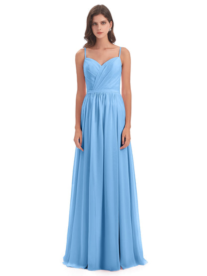 Kimora Spaghetti Straps Chiffon Long Bridesmaid Dresses with Slit