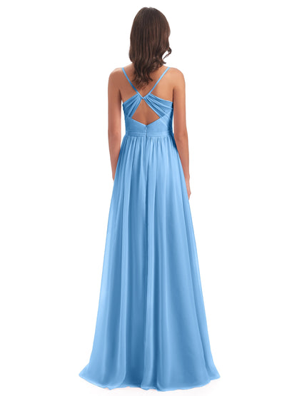 Kimora Spaghetti Straps Chiffon Long Bridesmaid Dresses with Slit