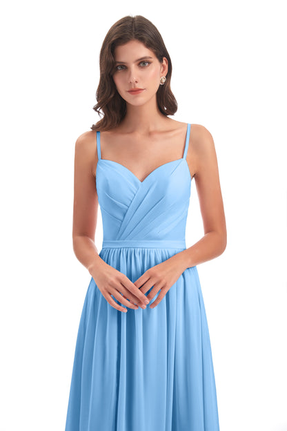 Kimora Spaghetti Straps Chiffon Long Bridesmaid Dresses with Slit