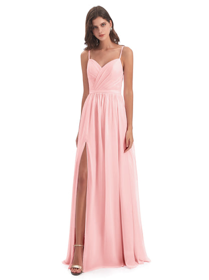 Kimora Spaghetti Straps Chiffon Long Bridesmaid Dresses with Slit