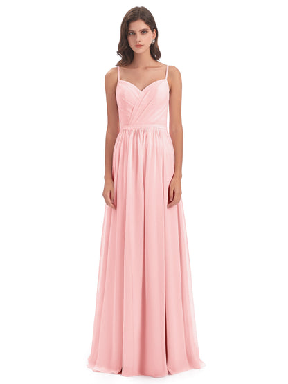 Kimora Spaghetti Straps Chiffon Long Bridesmaid Dresses with Slit