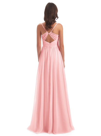 Kimora Spaghetti Straps Chiffon Long Bridesmaid Dresses with Slit
