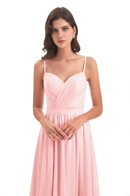 Kimora Spaghetti Straps Chiffon Long Bridesmaid Dresses with Slit