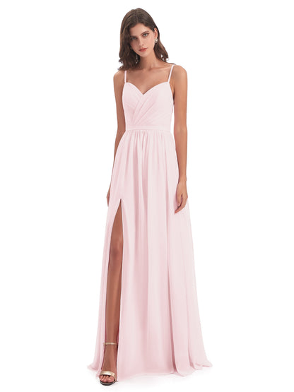 Kimora Spaghetti Straps Chiffon Long Bridesmaid Dresses with Slit