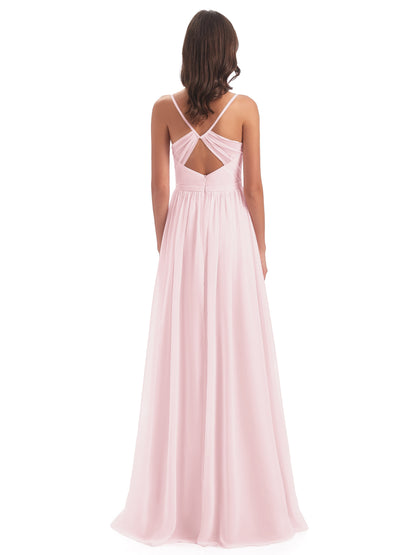 Kimora Spaghetti Straps Chiffon Long Bridesmaid Dresses with Slit