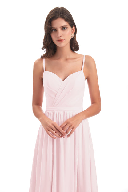 Kimora Spaghetti Straps Chiffon Long Bridesmaid Dresses with Slit