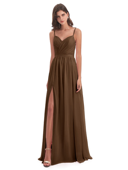 Kimora Spaghetti Straps Chiffon Long Bridesmaid Dresses with Slit