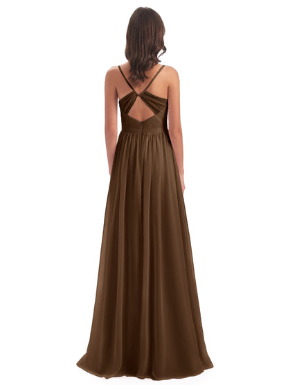 Kimora Spaghetti Straps Chiffon Long Bridesmaid Dresses with Slit