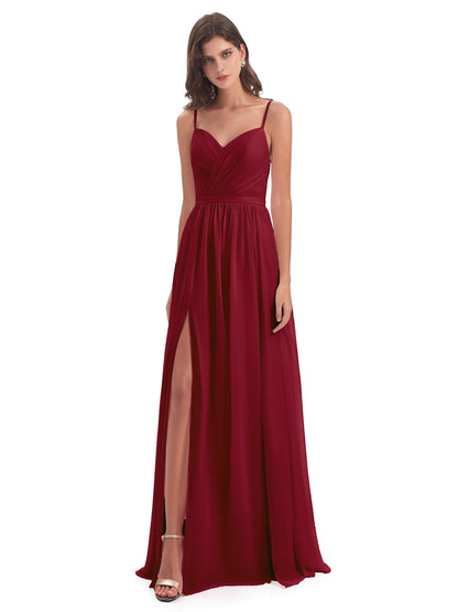 Kimora Spaghetti Straps Chiffon Long Bridesmaid Dresses with Slit