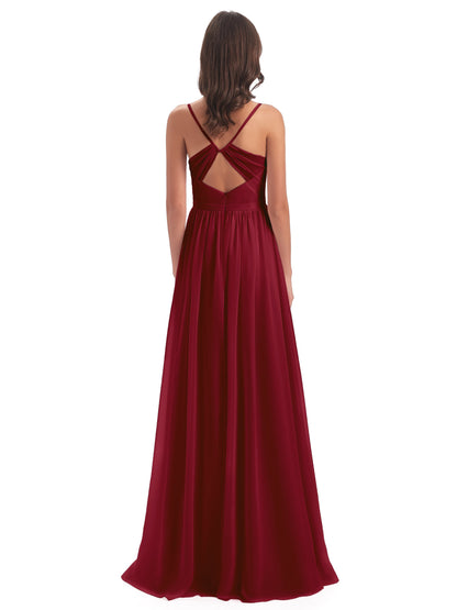 Kimora Spaghetti Straps Chiffon Long Bridesmaid Dresses with Slit
